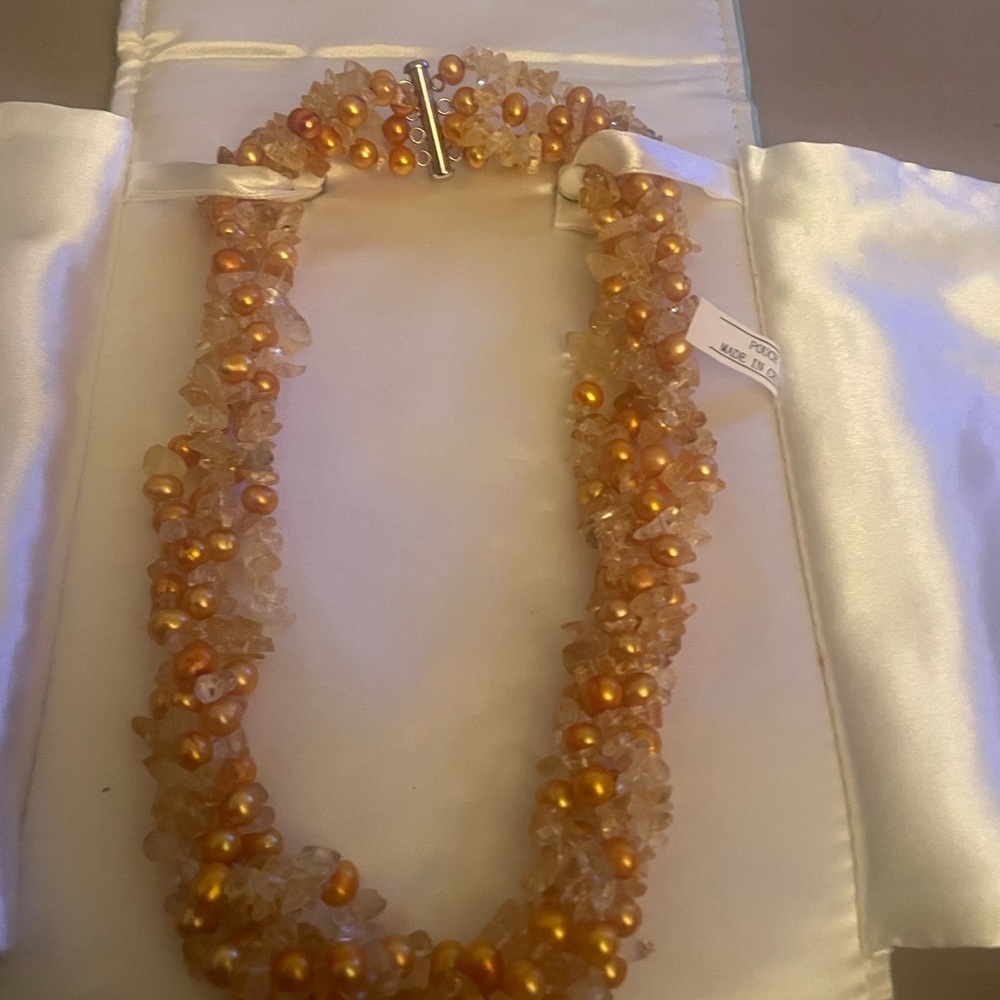 Ross Simons Golden Citrine & Pearl Torsade Necklace Sterling Silver-Vintage